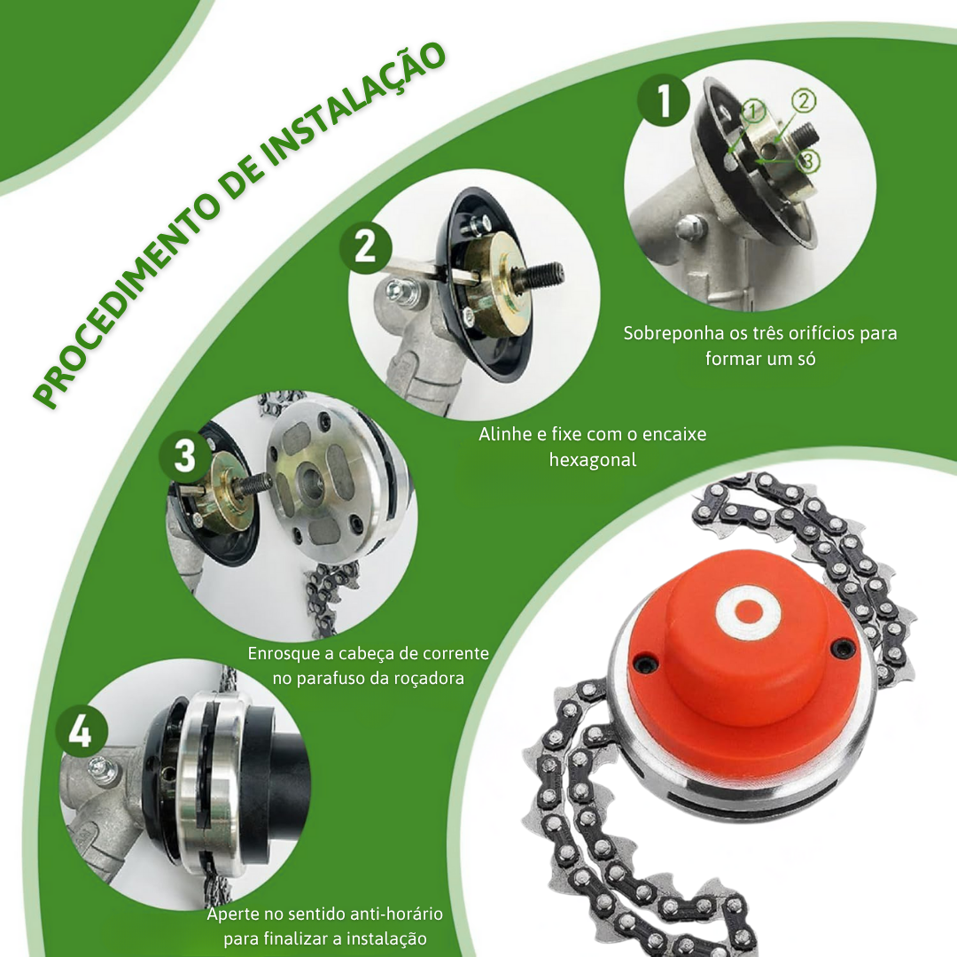 Cabeça de corte em aço com corrente – Corte limpo, durabilidade e segurança total